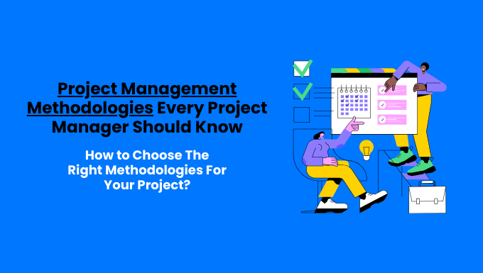 Illustration of two people managing tasks on a project planning board, representing different Project Management Methodologies every project manager should know.