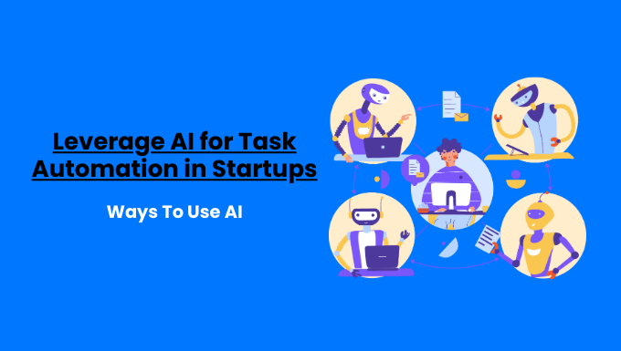 Use AI to Automate Tasks in Startups – illustration showing robots performing tasks like writing, coding, and analyzing data, with a central figure symbolizing human-AI collaboration.